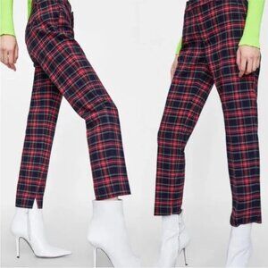 ZARA TRF Elastic Waist Ankle Pants in Red/Black Plaid‎ size large
